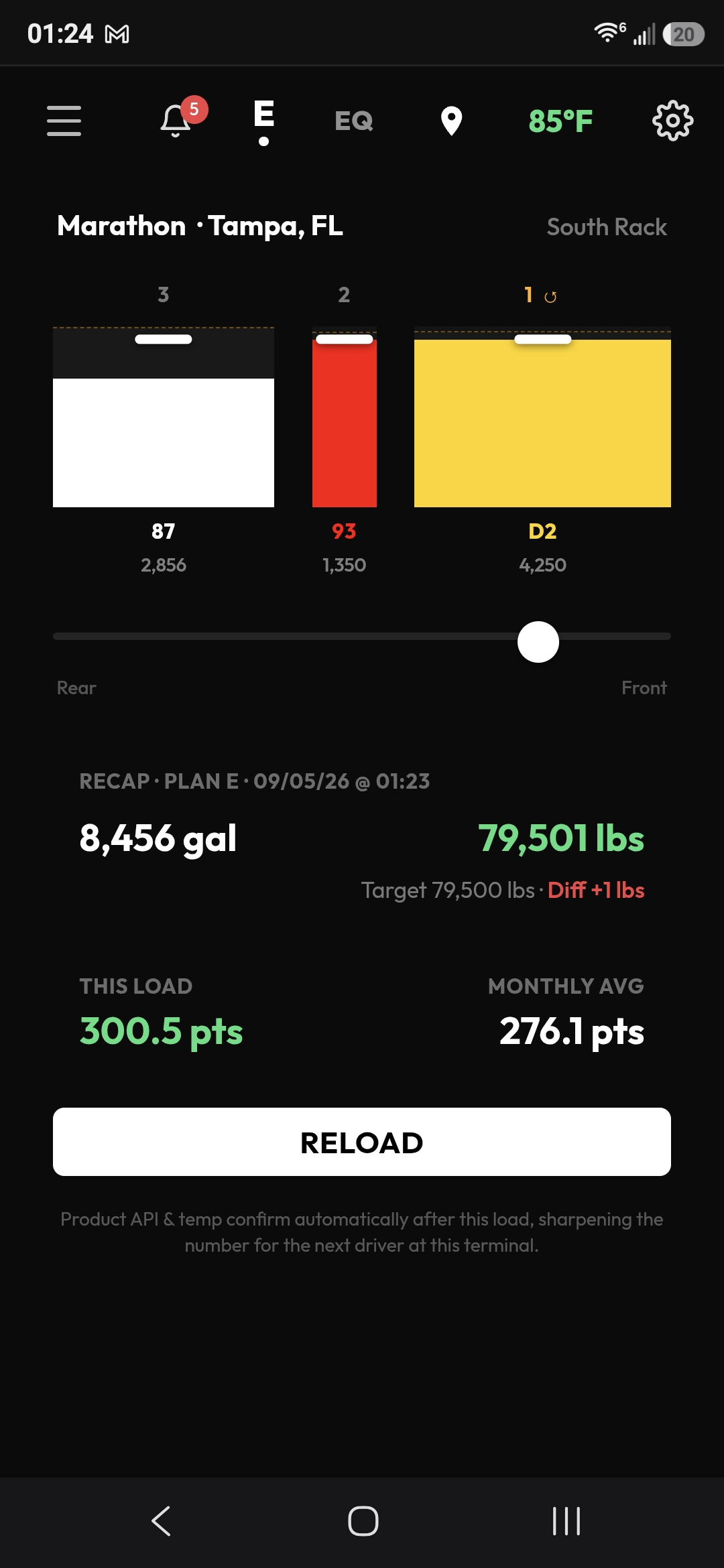 ProTankr planner screen, showing a real compartment load plan